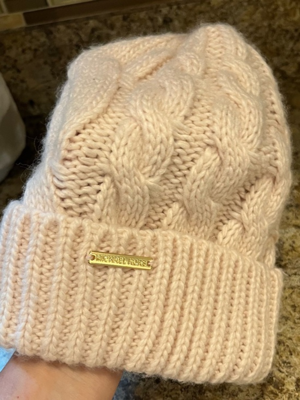 Michael Michael Kors Cable Knit Beanie in Pale Pink Blush with Gold Logo
